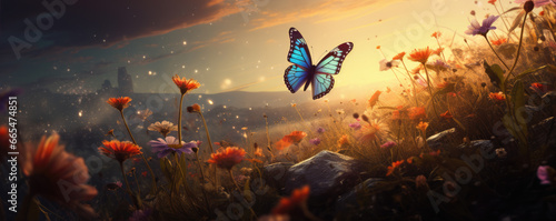Mystical beautiful butterfly in a magical flower field. Butterfly fly over flowers meadow.