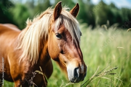 Brown horse with blond hair eats grass on a green meadow detail from the head.