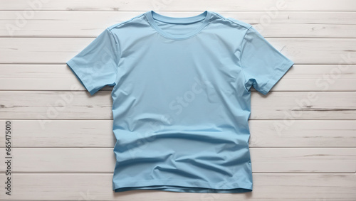 top view blue t-shirt mockup over white wooden table background. Backdrop with copy space. Backdrop with copy space. Minimalist concept. © adynue