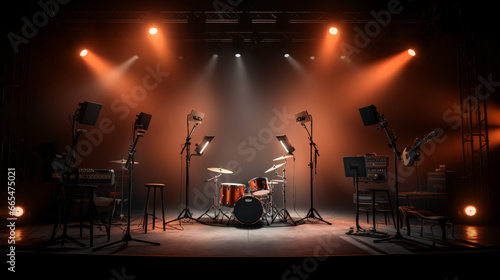 Empty stage with lighting a drum set