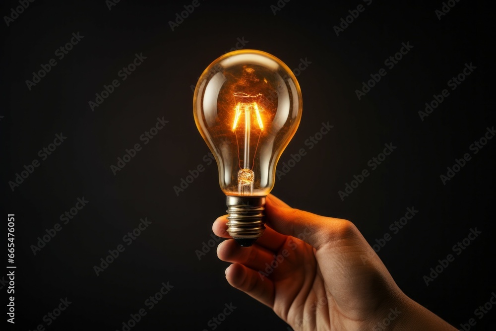 Light bulb in hand. Background with selective focus and copy space - obrazy, fototapety, plakaty 