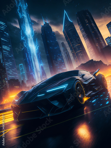 Night city, high-speed cars, neon rays. Dark background. Fantasy. AI