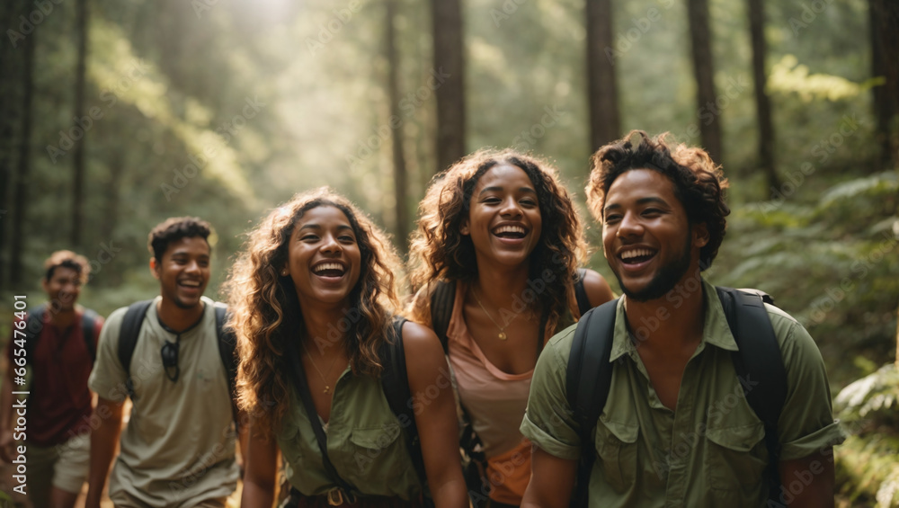 A cinematic shot of a diverse group of friends laughing and hiking through lush, sun-dappled forest.