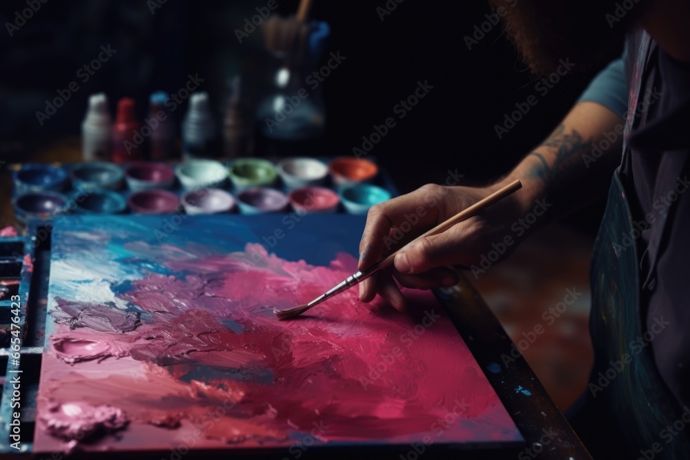 Man Painting with Brush in Dark Room Man Painting with Brush in Dark Room