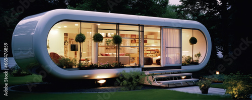 New design of modern mobile house in garden background.