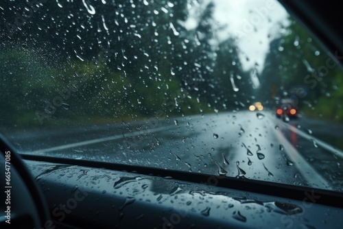 Car Driving Down Rain Covered Road