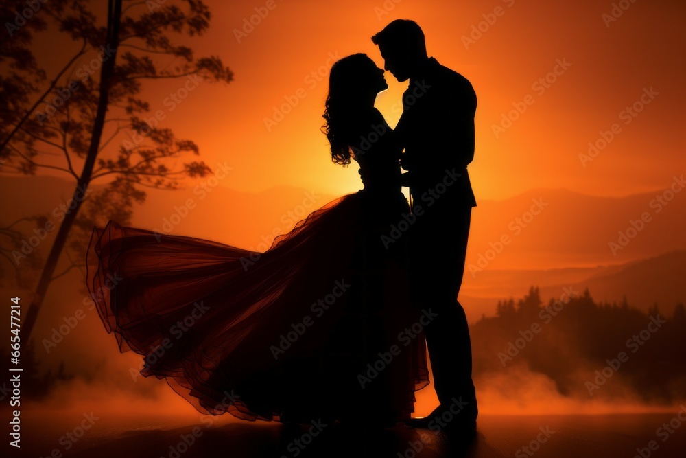 Silhouette of a couple in love. Background with selective focus and copy space