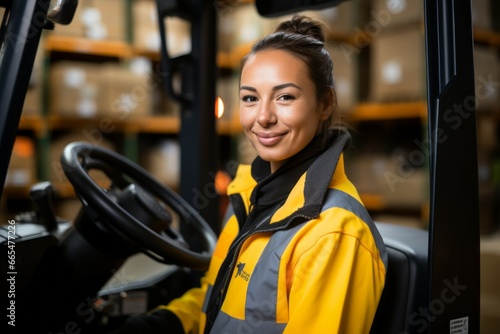 Woman forklift driver. Concept of top in demand profession. Portrait with selective focus and copy space photo