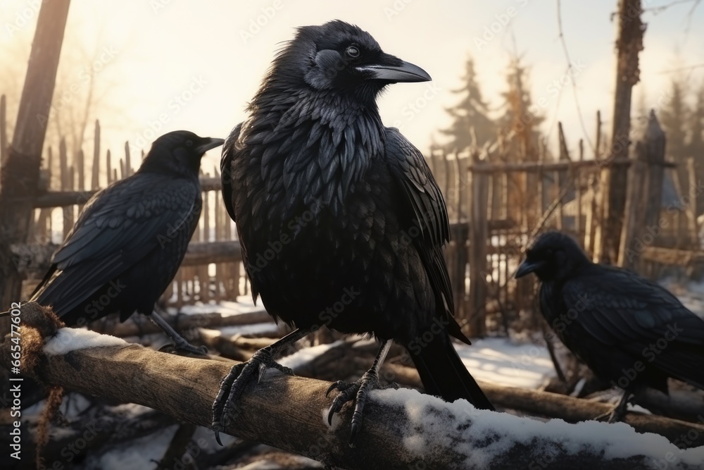 Fototapeta premium Group of Black Birds on Tree Branch