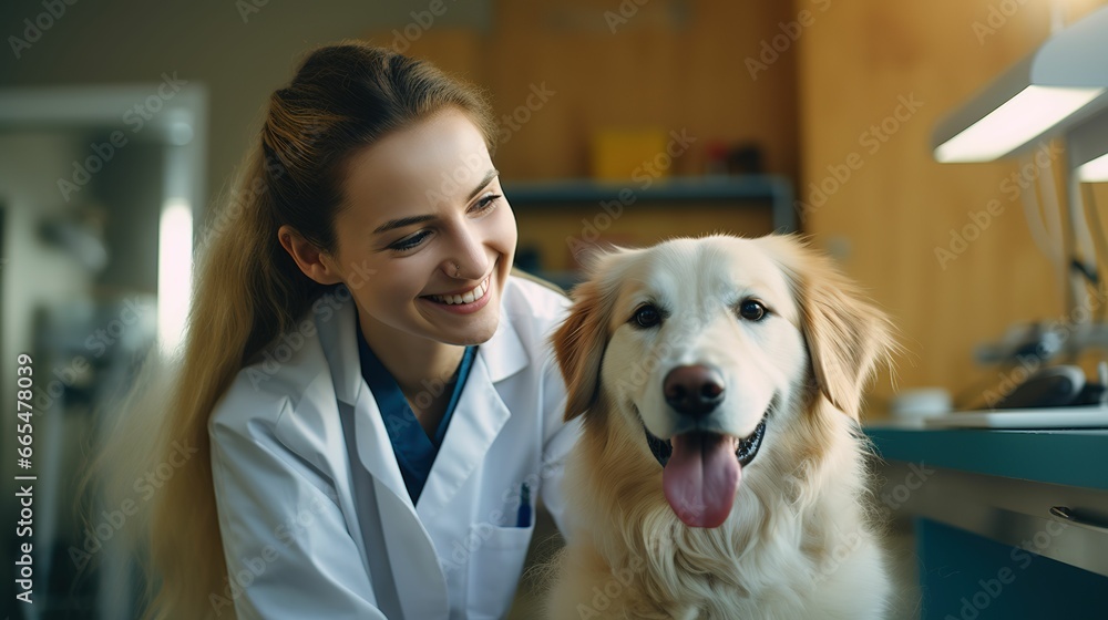 Professional Pet Health Checkup: Female Vet Doctor Ensures Golden Retriever's Wellness