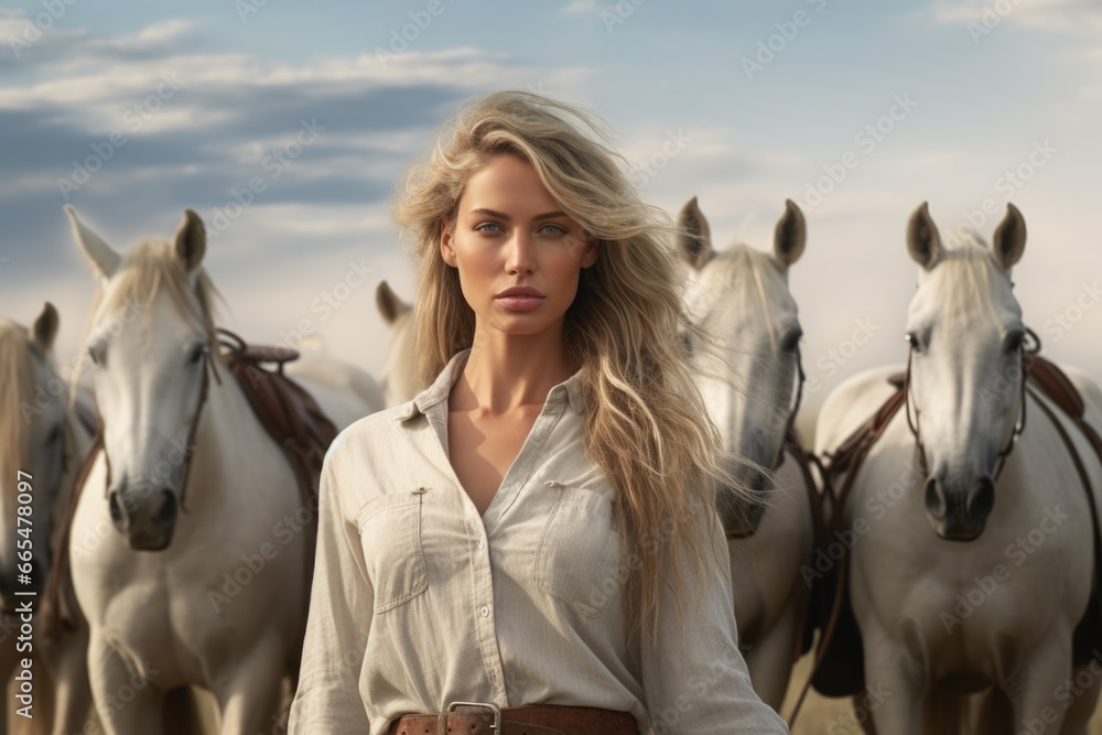 Woman Standing in Front of Horses Woman Standing in Front of Horses