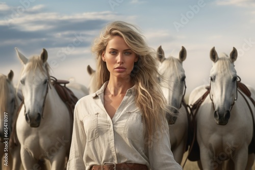 Woman Standing in Front of Horses