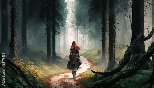 red head walking in the forest foggy weather mud rainy day design illustration
