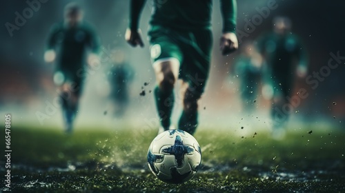 close-up photo of a professional soccer player playing football on a green grass pitch at a big stadium. dribbling the ball against opponents. soccer match on a field