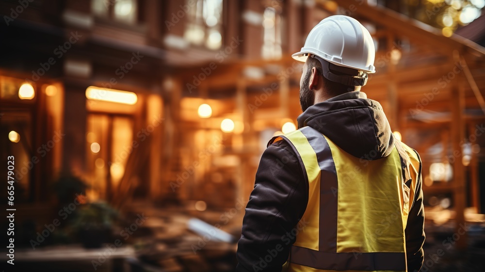 construction engineer standing with his back and watches at a house building construction. wearing a helmet and orange safety vest. working as a architect. blurry background