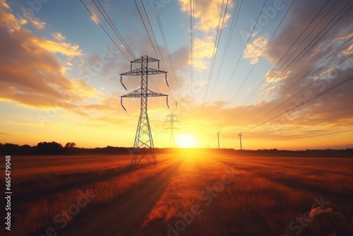 Sunset behind Power Lines in Field