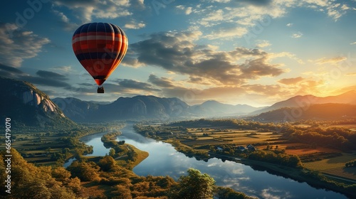 copy space hot air balloon flying over country with mountains rivers and forests, beautiful landscape at sunset with blue sky