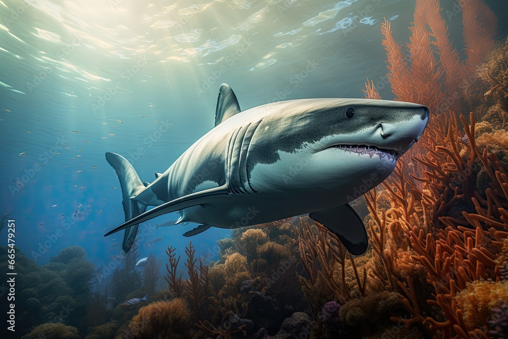 Fototapeta premium Great white shark Carcharodon carcharias, Great white sharks hunting in different positions on a white background, full body view, AI Generated