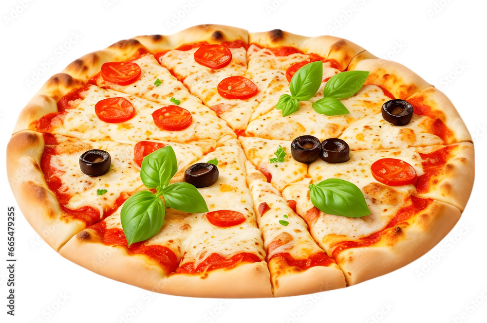 Delicious Italian Pizza with Mozzarella, Sausage, and Fresh Vegetables on White Background Delicious Italian Pizza with Mozzarella, Sausage, and Fresh Vegetables on White Background