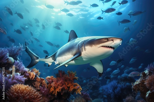 Picture shows a shark at the bottom of a tropical coral reef, Great white sharks hunting in different positions on a white background, full body view, AI Generated © Iftikhar alam