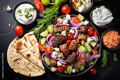 Greek salad with grilled meat, vegetables and tzatziki sauce, Greek food background. Meze, gyros, souvlaki, fish, pita, greek salad, tzatziki, assortment of feta, AI Generated photo