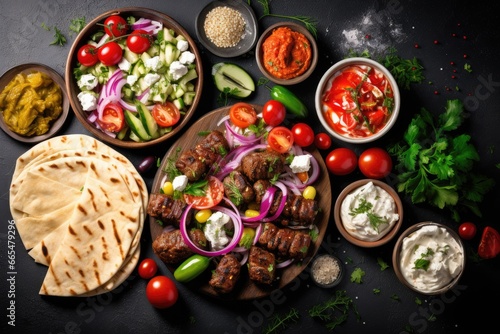 Grilled kebab with vegetables and sauces on black background. Top view, Greek food background. Meze, gyros, souvlaki, fish, pita, greek salad, tzatziki, assortment of feta, AI Generated