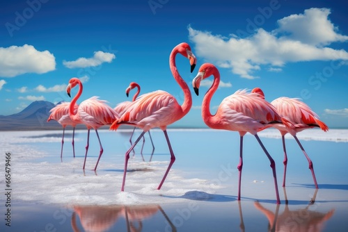 Flamingos at Salar de Uyuni, Bolivia, Grilled meat barbecue steak on wooden cutting board with rosemary, AI Generated