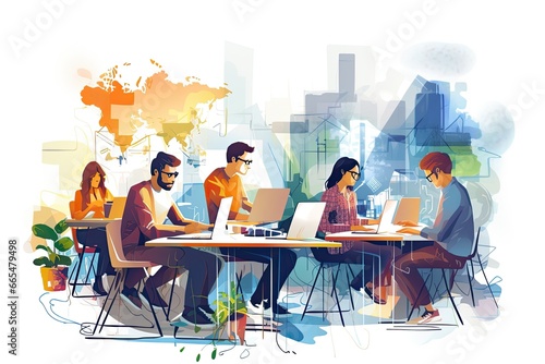 Vector illustration of business people working at the office with cityscape in the background, Group of developers working in office, abstract illustrations around, AI Generated