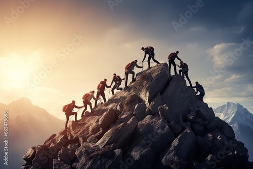 Group of climbers climbing on mountain peak. Teamwork and leadership concept, Group of people on peak mountain climbing helping team work, AI Generated photo