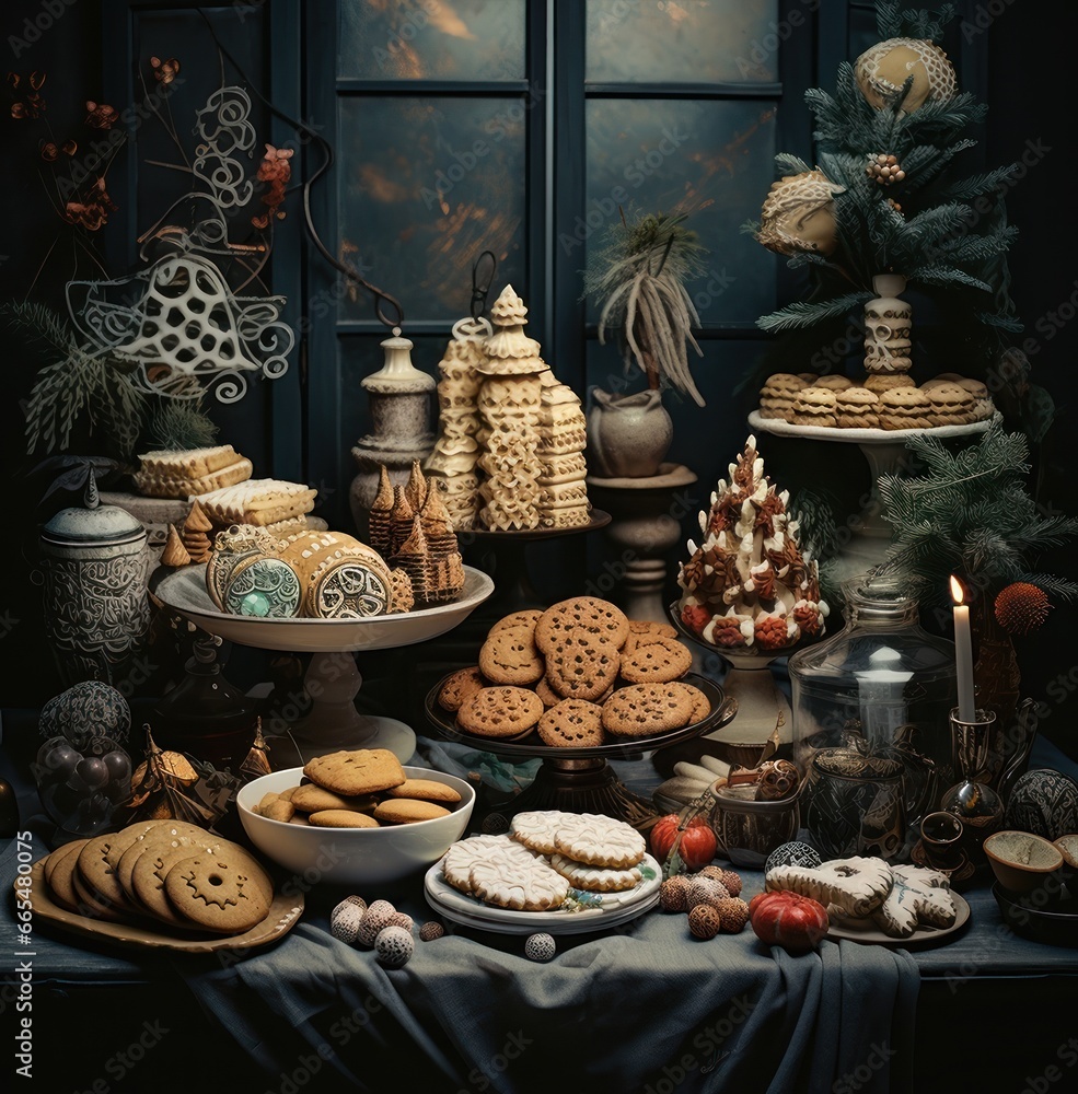Fototapeta premium Tasty homemade Christmas cookies on the table. Gingerbread. Christmas holiday treats.