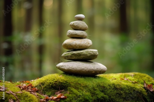 Pyramid stones balance on old mossy fallen tree.