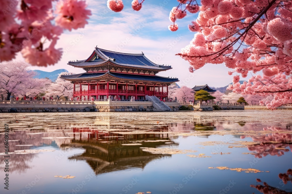 Naklejka premium Beautiful Architecture in Gyeongbokgung Palace with cherry blossom at spring time in Seoul, South Korea, Gyeongbokgung palace with cherry blossom tree in spring time in seoul city, AI Generated