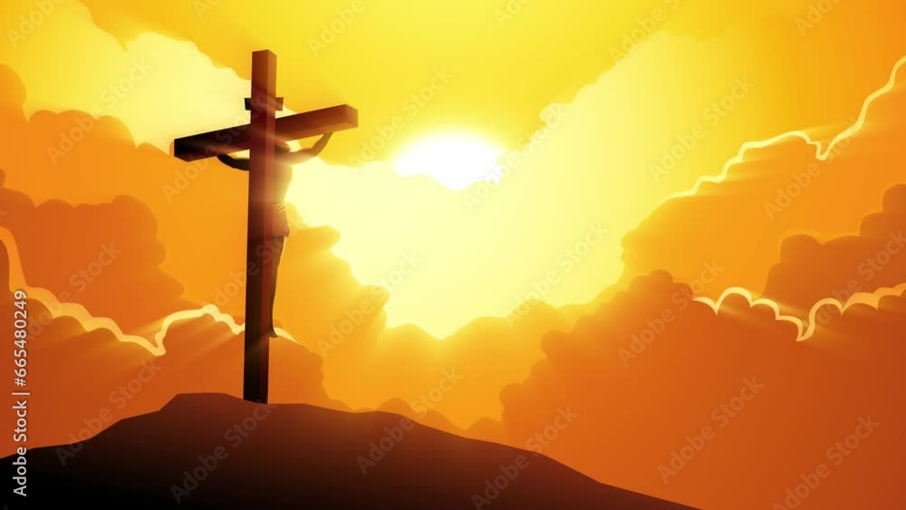 Biblical motion graphics series, back view of Jesus on the cross wearing a crown of thorns Biblical motion graphics series, back view of Jesus on the cross wearing a crown of thorns