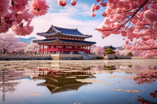 Beautiful Architecture in Gyeongbokgung Palace with cherry blossom at spring time in Seoul, South Korea, Gyeongbokgung palace with cherry blossom tree in spring time in seoul city, AI Generated
