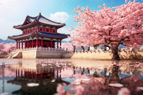 Beautiful chinese temple with cherry blossom in spring time  Gyeongbokgung palace with cherry blossom tree in spring time in seoul city of korea  south korea  AI Generated