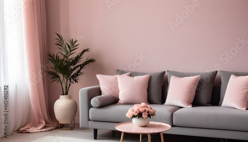 A living room with a gray couch and pink pillows