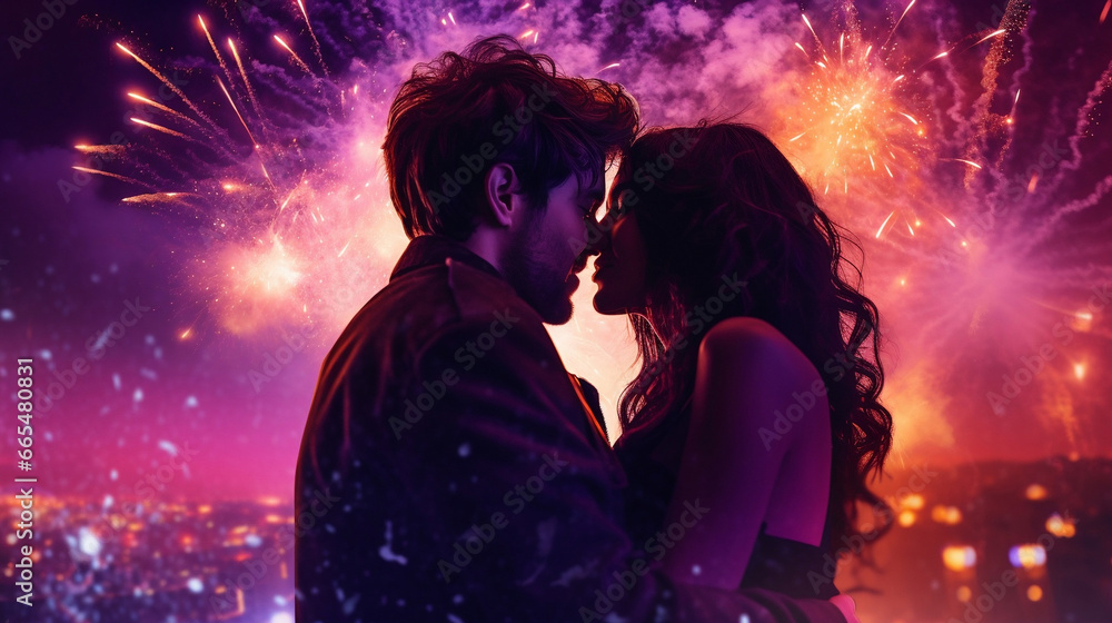 Couple kissing with fireworks in the background, generated with ai.