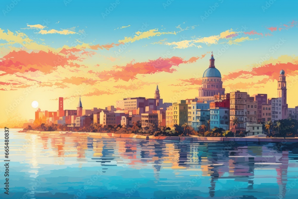 Chicago skyline at sunset, USA. Vector illustration in watercolor style, Capitolio building in Havana Cuba, AI Generated - obrazy, fototapety, plakaty 