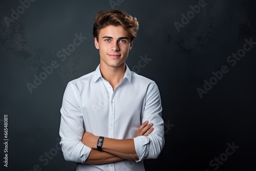 Portrait of a handsome young man standing with arms crossed on dark background, Happy young man. Portrait of handsome young man in casual shirt keeping arms crossed, AI Generated