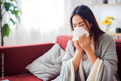 Sick Asian woman at home suffering from the common cold and flu
