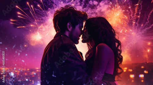 Couple kissing with fireworks in the background, generated with ai.