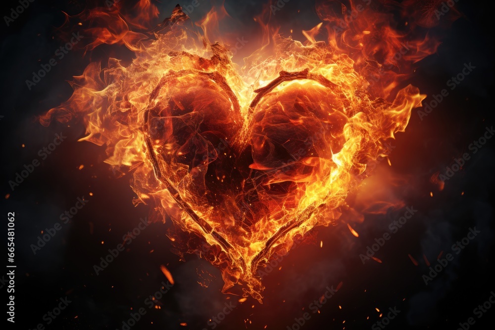 Heart in fire on dark background. Love concept. 3D Rendering, heart in fire. Striking image of heart made with fire and ice, AI Generated - obrazy, fototapety, plakaty 
