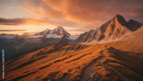 Breathtaking time-lapse of a stunning mountain peak at sunrise, bathed in golden alpenglow. © xKas
