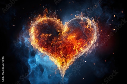 Burning heart on dark background. Love concept. 3D Rendering, heart in fire. Striking image of heart made with fire and ice, AI Generated