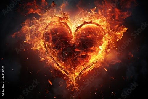 Heart in fire on dark background. Love concept. 3D Rendering  heart in fire. Striking image of heart made with fire and ice  AI Generated
