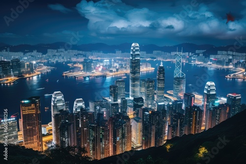 Hong Kong skyline at night. Hong Kong is the most densely populated of the five boroughs of Hong Kong, Hong Kong city view from The Peak at twilight, AI Generated photo