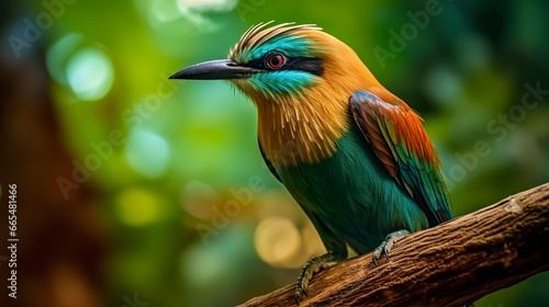 Turquoise Browed Motmot in vibrant colors.