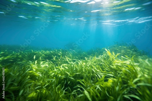 Underwater view of a group of seabed with green seagrass. © MdBepul