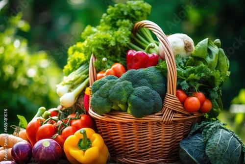 Variety of fresh organic vegetables and fruits in the garden.