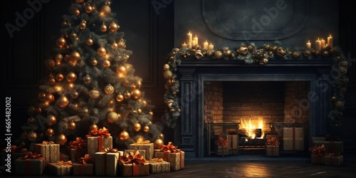 Wallpaper Mural Copy space interior Christmas. Seasonal Celebrations: Magic Christmas Tree and Cozy Fireplace Torontodigital.ca